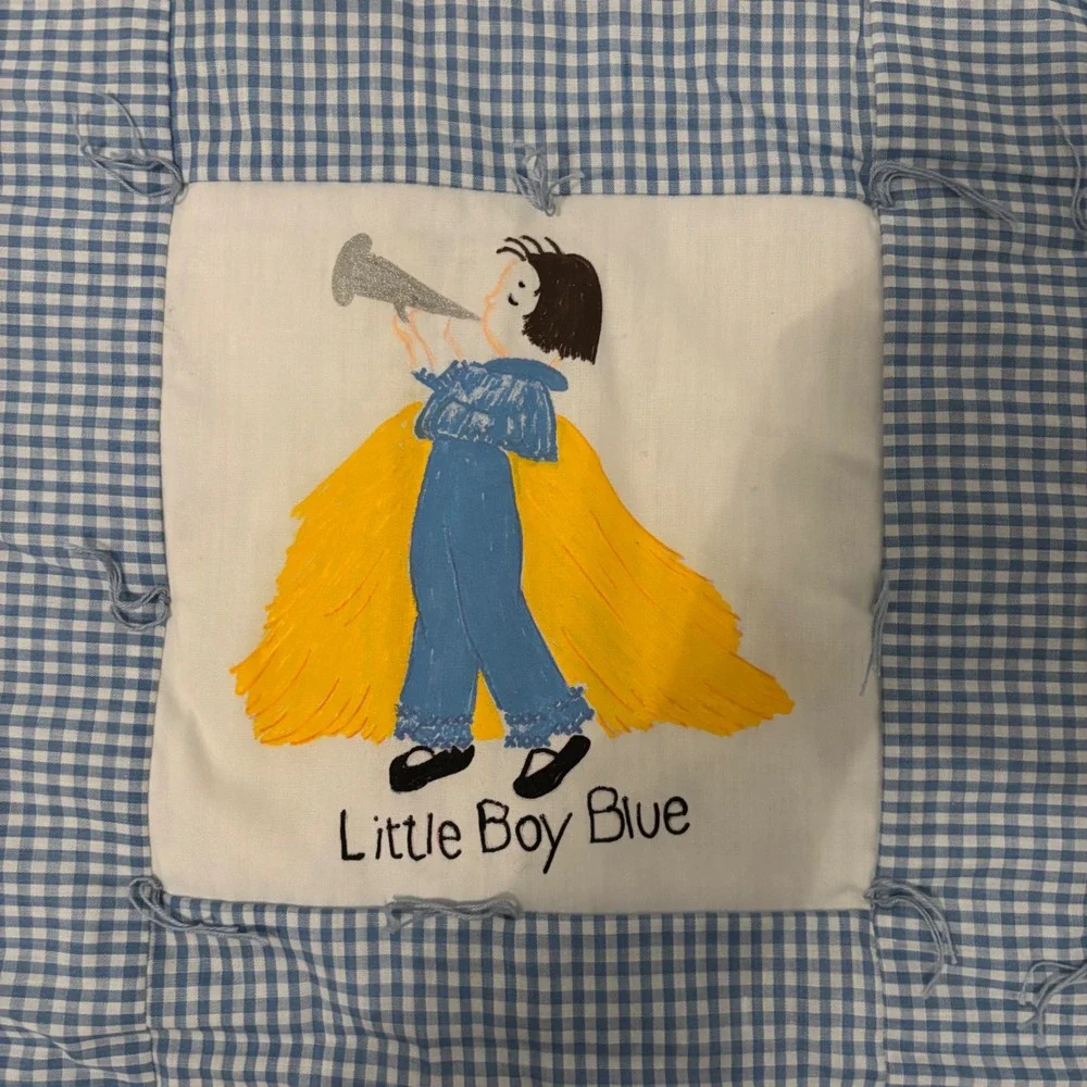 Vintage Nursery Rhyme Crib Quilt Hand Painted Gingham Blue White 12 Panel